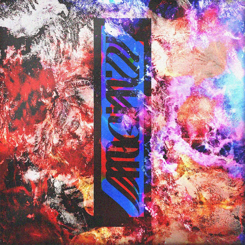 A collage of color and texture overlaid with experimental text