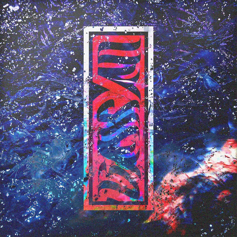 A collage of color and texture overlaid with experimental text